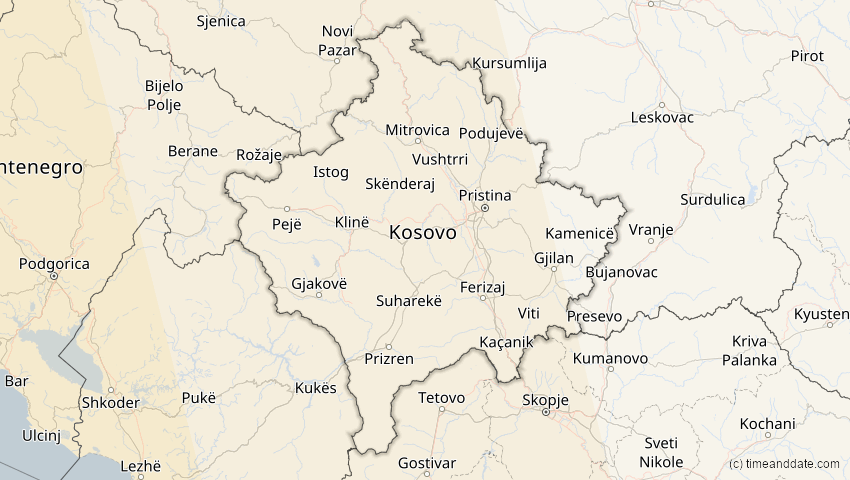 A map of Kosovo, showing the path of the 7. Feb 2092 Ringförmige Sonnenfinsternis