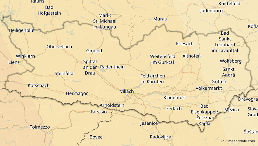 A map of Kärnten, Österreich, showing the path of the 7. Feb 2092 Ringförmige Sonnenfinsternis