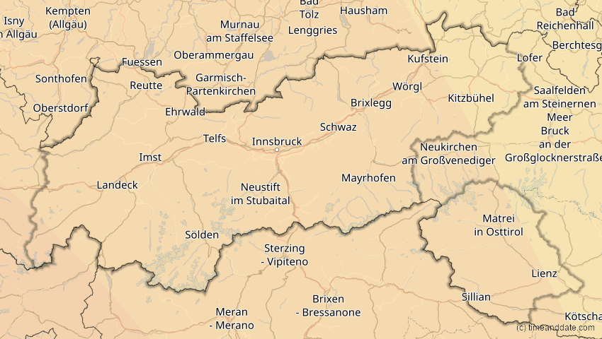 A map of Tirol, Österreich, showing the path of the 7. Feb 2092 Ringförmige Sonnenfinsternis