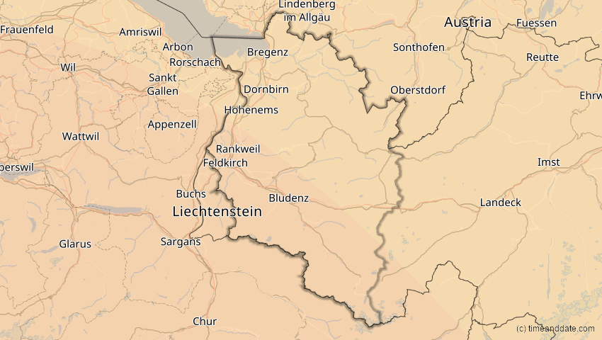 A map of Vorarlberg, Österreich, showing the path of the 7. Feb 2092 Ringförmige Sonnenfinsternis