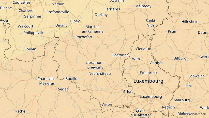A map of Luxemburg, Belgien, showing the path of the 7. Feb 2092 Ringförmige Sonnenfinsternis