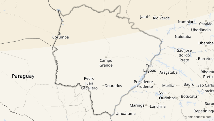 A map of Mato Grosso do Sul, Brasilien, showing the path of the 7. Feb 2092 Ringförmige Sonnenfinsternis