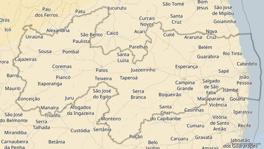 A map of Paraíba, Brasilien, showing the path of the 7. Feb 2092 Ringförmige Sonnenfinsternis