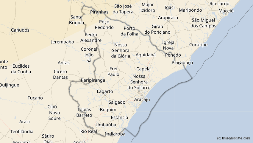 A map of Sergipe, Brasilien, showing the path of the 7. Feb 2092 Ringförmige Sonnenfinsternis