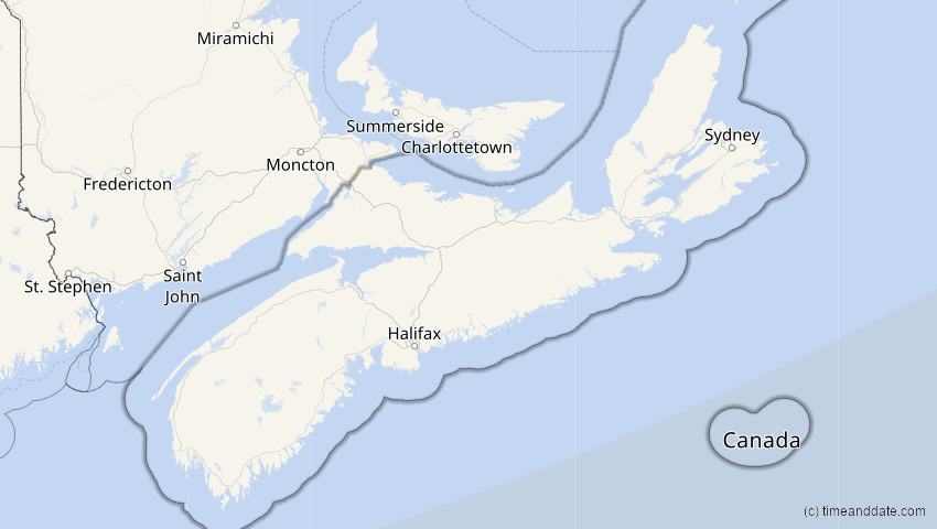 A map of Nova Scotia, Kanada, showing the path of the 7. Feb 2092 Ringförmige Sonnenfinsternis