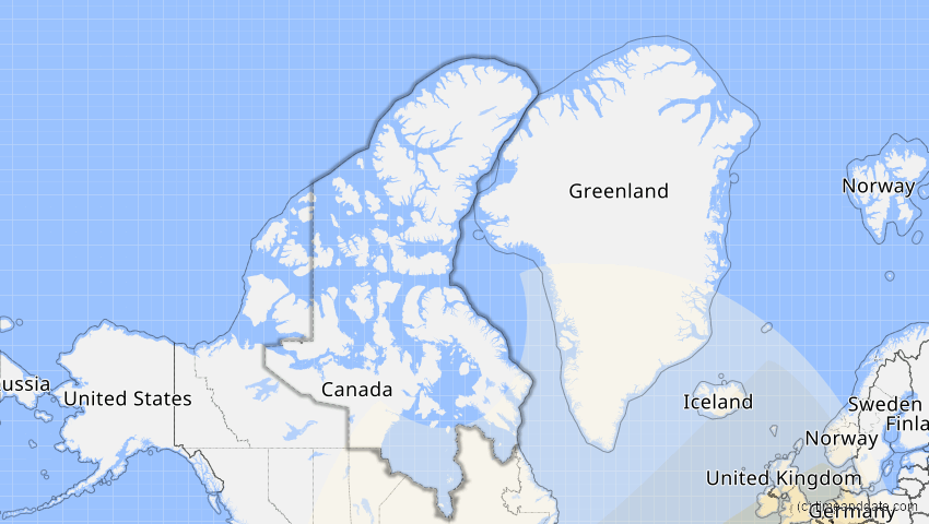 A map of Nunavut, Kanada, showing the path of the 7. Feb 2092 Ringförmige Sonnenfinsternis
