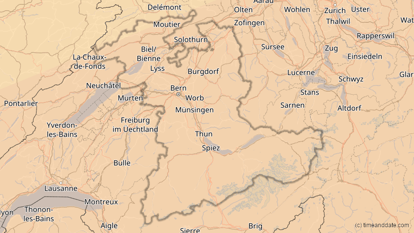 A map of Bern, Schweiz, showing the path of the 7. Feb 2092 Ringförmige Sonnenfinsternis