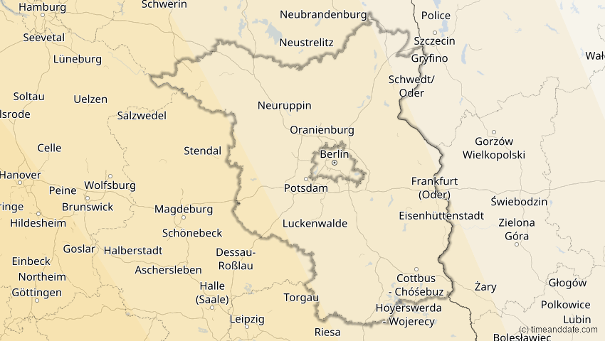 A map of Brandenburg, Deutschland, showing the path of the 7. Feb 2092 Ringförmige Sonnenfinsternis