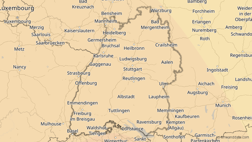 A map of Baden-Württemberg, Deutschland, showing the path of the 7. Feb 2092 Ringförmige Sonnenfinsternis