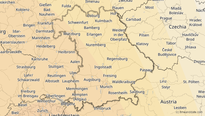A map of Bayern, Deutschland, showing the path of the 7. Feb 2092 Ringförmige Sonnenfinsternis