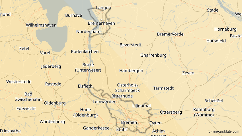 A map of Bremen, Deutschland, showing the path of the 7. Feb 2092 Ringförmige Sonnenfinsternis