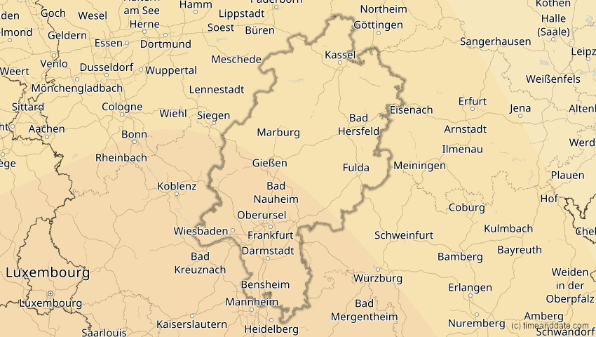 A map of Hessen, Deutschland, showing the path of the 7. Feb 2092 Ringförmige Sonnenfinsternis