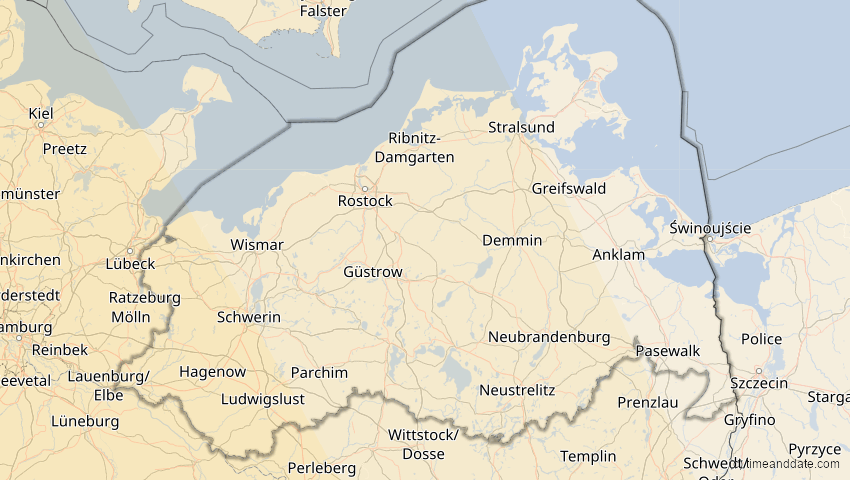 A map of Mecklenburg-Vorpommern, Deutschland, showing the path of the 7. Feb 2092 Ringförmige Sonnenfinsternis