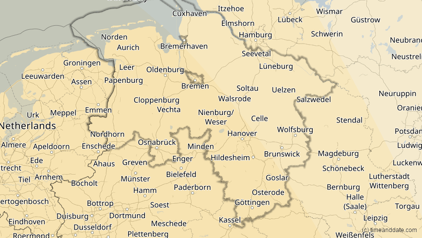 A map of Niedersachsen, Deutschland, showing the path of the 7. Feb 2092 Ringförmige Sonnenfinsternis