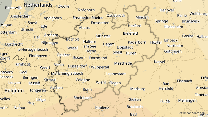 A map of Nordrhein-Westfalen, Deutschland, showing the path of the 7. Feb 2092 Ringförmige Sonnenfinsternis