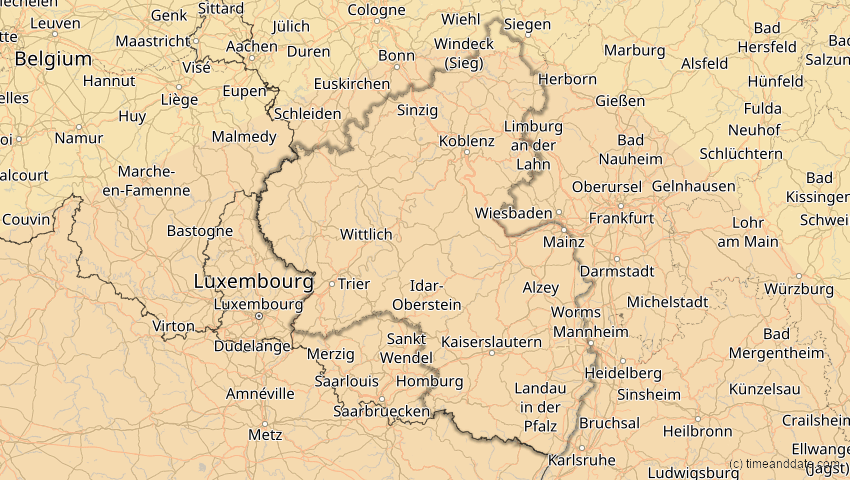 A map of Rheinland-Pfalz, Deutschland, showing the path of the 7. Feb 2092 Ringförmige Sonnenfinsternis