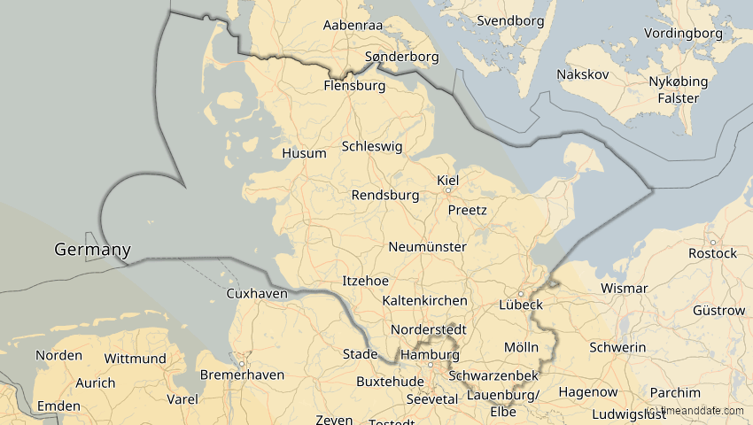 A map of Schleswig-Holstein, Deutschland, showing the path of the 7. Feb 2092 Ringförmige Sonnenfinsternis