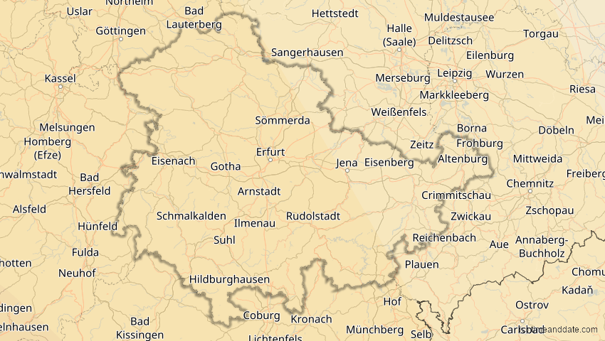 A map of Thüringen, Deutschland, showing the path of the 7. Feb 2092 Ringförmige Sonnenfinsternis