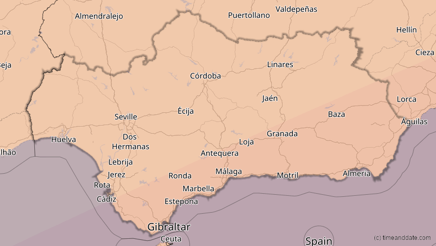 A map of Andalusien, Spanien, showing the path of the 7. Feb 2092 Ringförmige Sonnenfinsternis