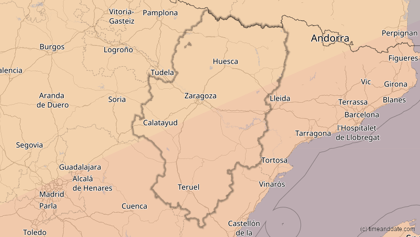 A map of Aragonien, Spanien, showing the path of the 7. Feb 2092 Ringförmige Sonnenfinsternis
