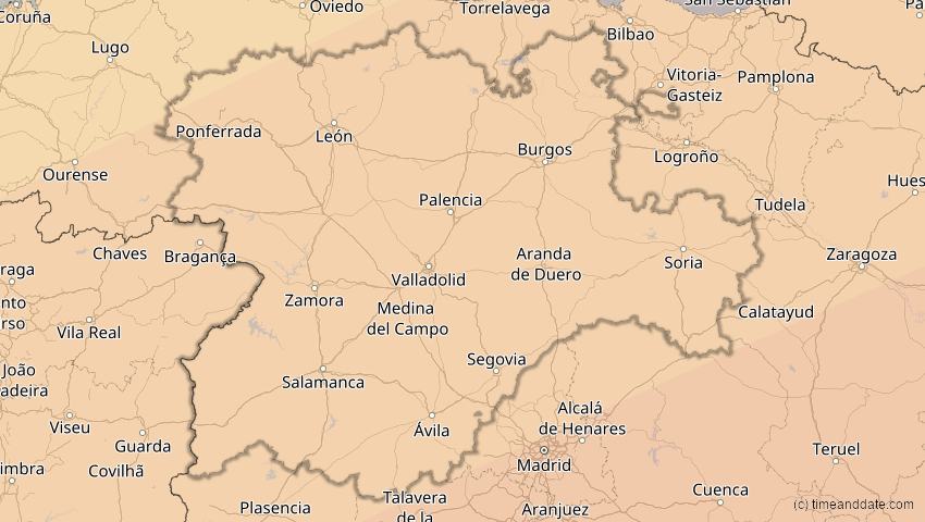 A map of Kastilien und León, Spanien, showing the path of the 7. Feb 2092 Ringförmige Sonnenfinsternis
