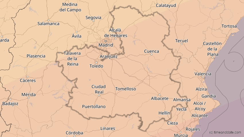 A map of Kastilien-La Mancha, Spanien, showing the path of the 7. Feb 2092 Ringförmige Sonnenfinsternis