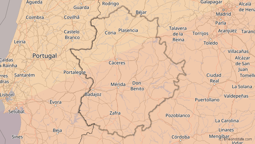 A map of Extremadura, Spanien, showing the path of the 7. Feb 2092 Ringförmige Sonnenfinsternis