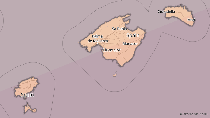 A map of Balearische Inseln, Spanien, showing the path of the 7. Feb 2092 Ringförmige Sonnenfinsternis