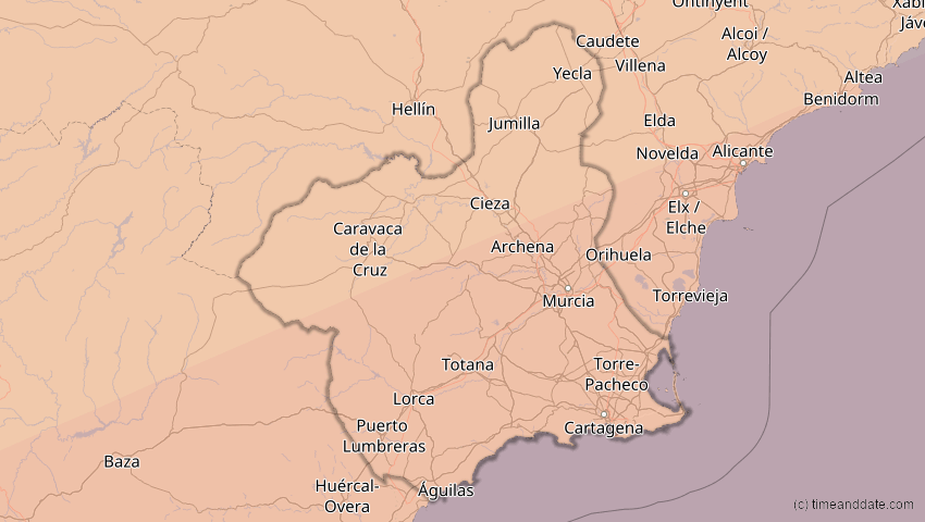 A map of Murcia, Spanien, showing the path of the 7. Feb 2092 Ringförmige Sonnenfinsternis