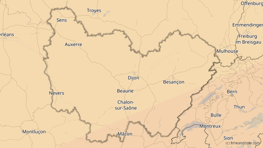 A map of Bourgogne-Franche-Comté, Frankreich, showing the path of the 7. Feb 2092 Ringförmige Sonnenfinsternis