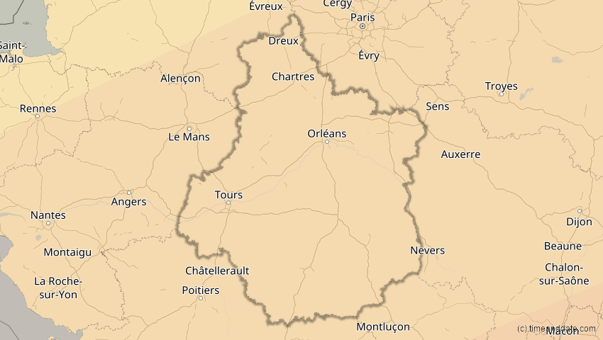 A map of Centre-Val de Loire, Frankreich, showing the path of the 7. Feb 2092 Ringförmige Sonnenfinsternis