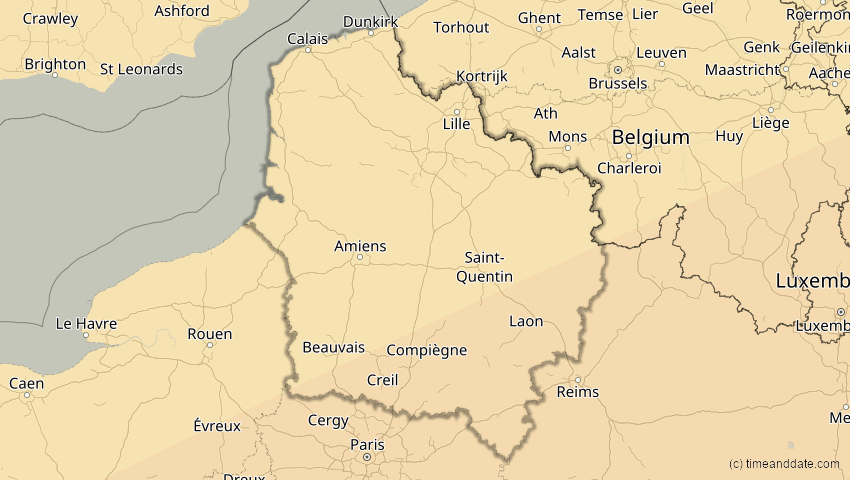 A map of Hauts-de-France, Frankreich, showing the path of the 7. Feb 2092 Ringförmige Sonnenfinsternis