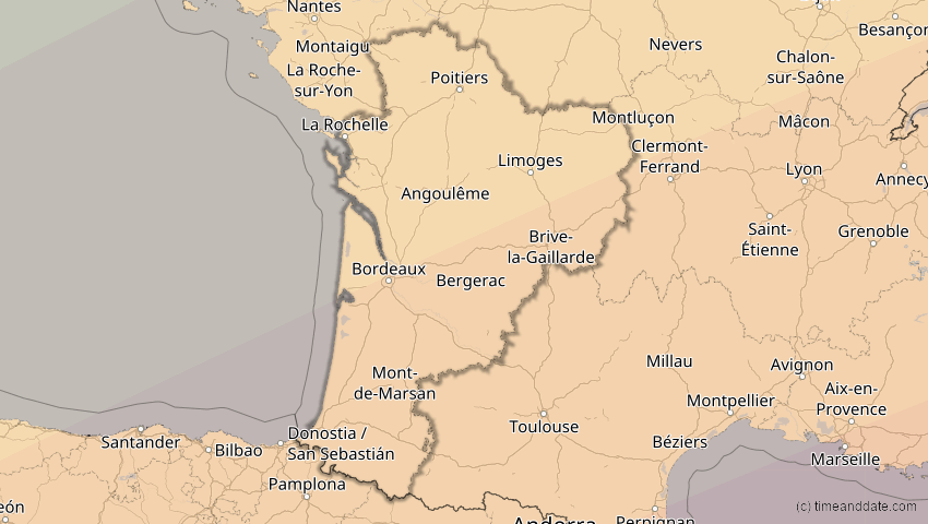 A map of Nouvelle-Aquitaine, Frankreich, showing the path of the 7. Feb 2092 Ringförmige Sonnenfinsternis