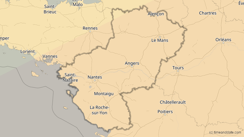 A map of Pays de la Loire, Frankreich, showing the path of the 7. Feb 2092 Ringförmige Sonnenfinsternis