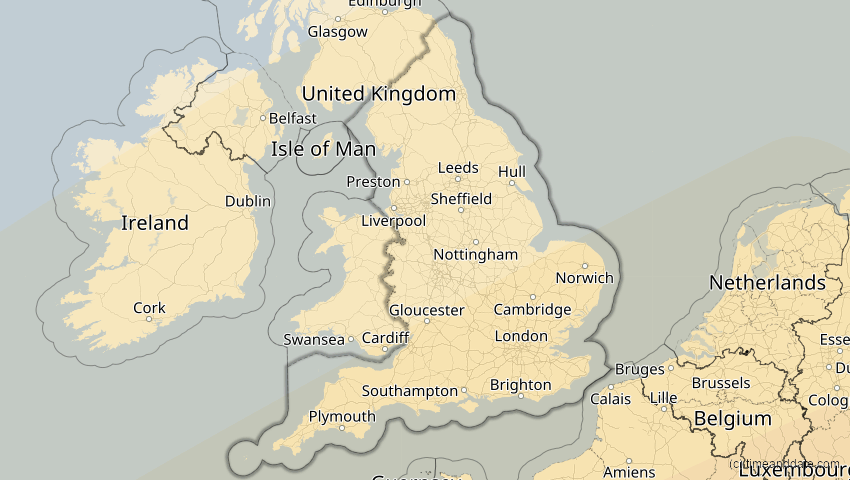 A map of England, Großbritannien, showing the path of the 7. Feb 2092 Ringförmige Sonnenfinsternis