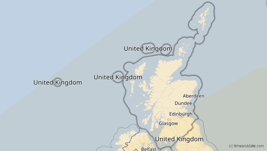 A map of Schottland, Großbritannien, showing the path of the 7. Feb 2092 Ringförmige Sonnenfinsternis