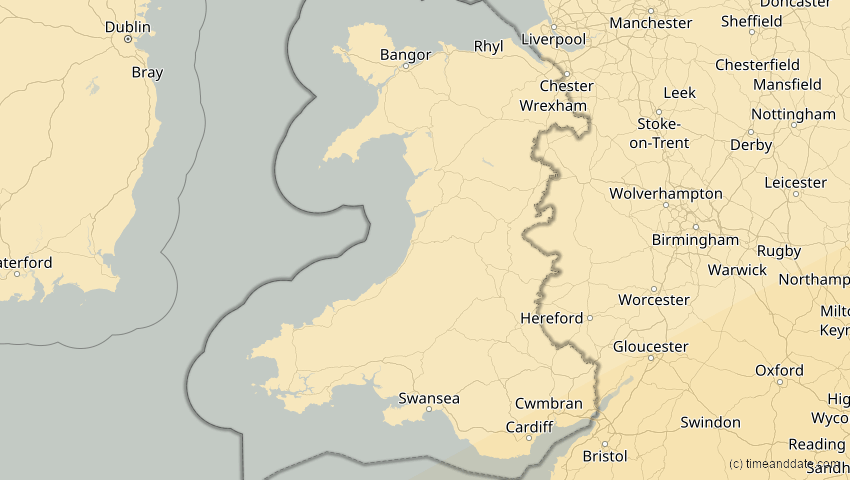 A map of Wales, Großbritannien, showing the path of the 7. Feb 2092 Ringförmige Sonnenfinsternis