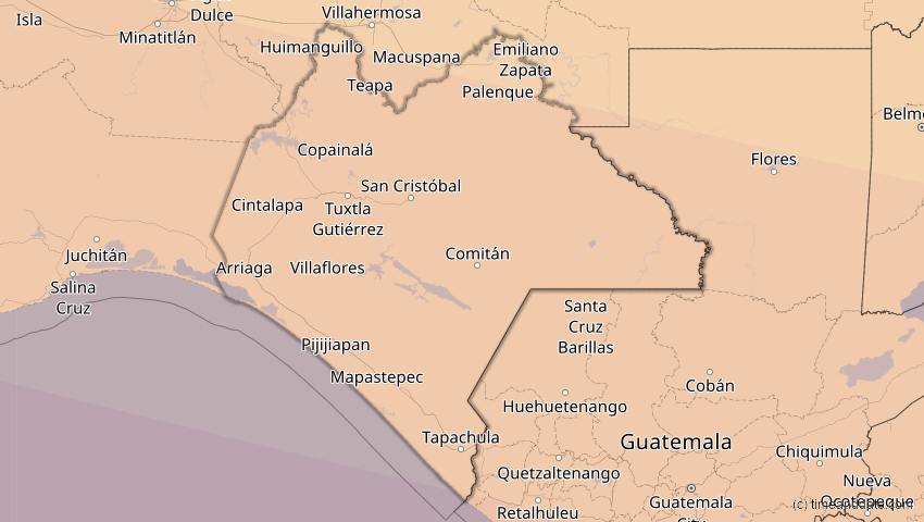 A map of Chiapas, Mexiko, showing the path of the 7. Feb 2092 Ringförmige Sonnenfinsternis