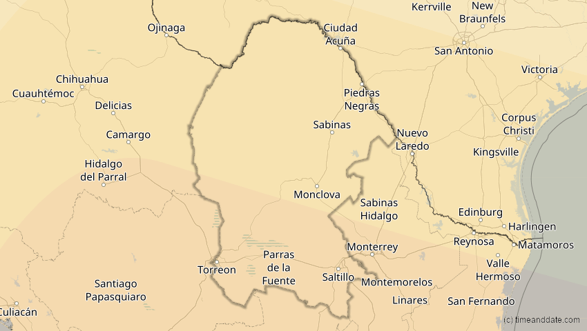 A map of Coahuila, Mexiko, showing the path of the 7. Feb 2092 Ringförmige Sonnenfinsternis