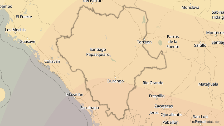 A map of Durango, Mexiko, showing the path of the 7. Feb 2092 Ringförmige Sonnenfinsternis