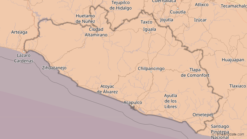 A map of Guerrero, Mexiko, showing the path of the 7. Feb 2092 Ringförmige Sonnenfinsternis