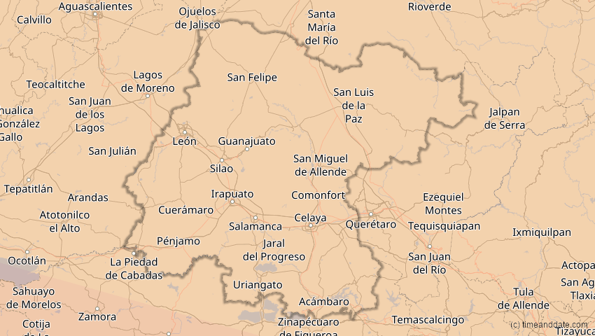 A map of Guanajuato, Mexiko, showing the path of the 7. Feb 2092 Ringförmige Sonnenfinsternis