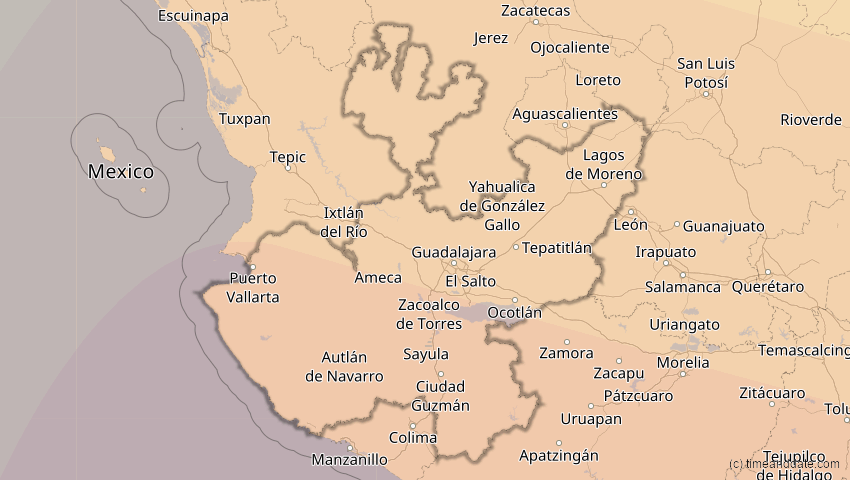 A map of Jalisco, Mexiko, showing the path of the 7. Feb 2092 Ringförmige Sonnenfinsternis