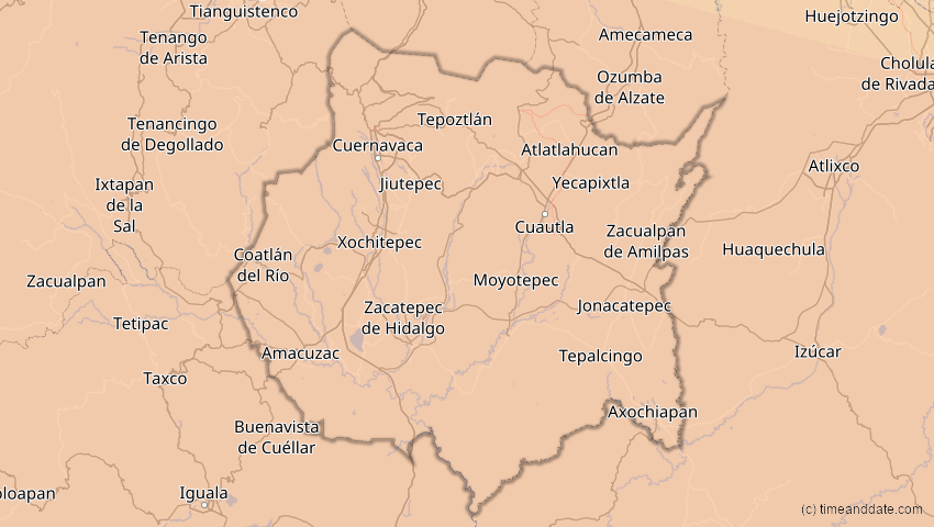A map of Morelos, Mexiko, showing the path of the 7. Feb 2092 Ringförmige Sonnenfinsternis
