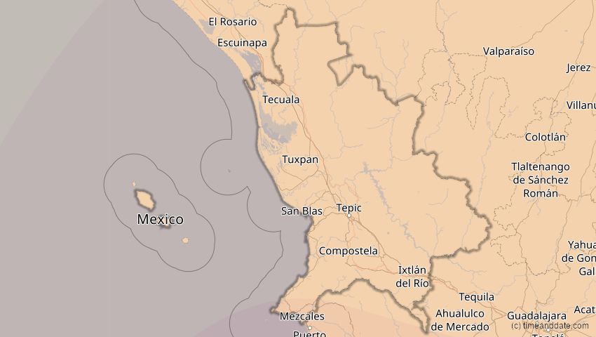 A map of Nayarit, Mexiko, showing the path of the 7. Feb 2092 Ringförmige Sonnenfinsternis