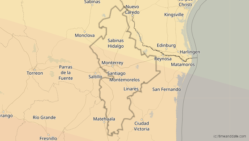 A map of Nuevo León, Mexiko, showing the path of the 7. Feb 2092 Ringförmige Sonnenfinsternis