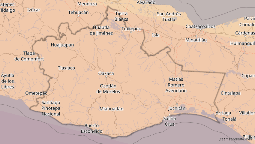A map of Oaxaca, Mexiko, showing the path of the 7. Feb 2092 Ringförmige Sonnenfinsternis