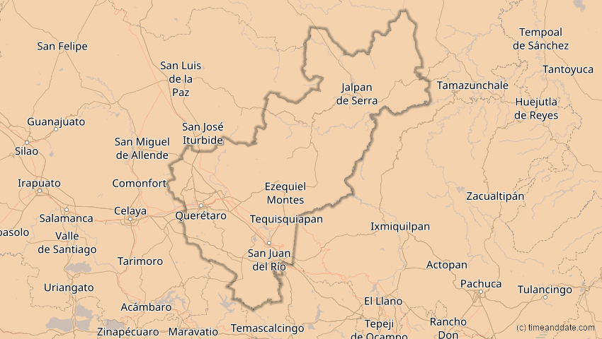 A map of Querétaro, Mexiko, showing the path of the 7. Feb 2092 Ringförmige Sonnenfinsternis