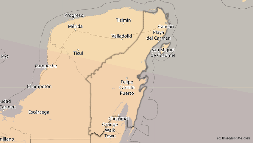 A map of Quintana Roo, Mexiko, showing the path of the 7. Feb 2092 Ringförmige Sonnenfinsternis