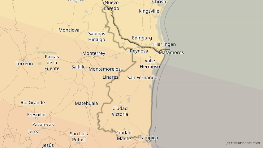 A map of Tamaulipas, Mexiko, showing the path of the 7. Feb 2092 Ringförmige Sonnenfinsternis